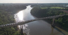 overhead shot of bridge over river