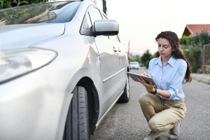 Woman examining car damages.