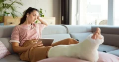 young girl sitting on her sofa at home has cast on her leg, and she looks upset/bored.