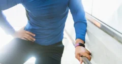 partial image of a fit 30-ish white man in a blue rash guard and biker shorts holding his hip in pain.